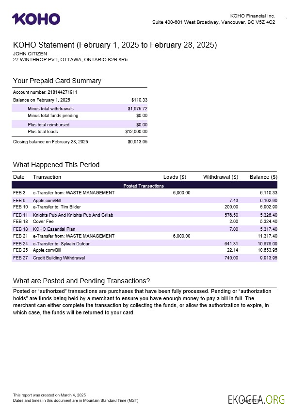 Modèle de relevé de Canada KOHO Financial Incorporated en formats Word et PDF